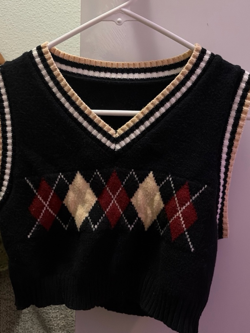 Cider Black Argyle Cropped V-Neck Sweater Vest with Cream & Burgundy Accents